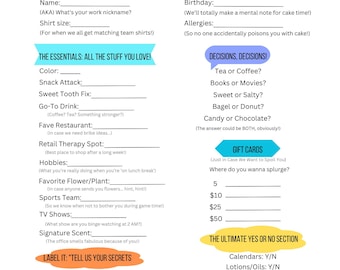 Pode incluir: Uma folha de trabalho imprimível com um gráfico de donut e o texto "Spill the Tea on Your Coworker!"  Conheça as peculiaridades, os favoritos e os talentos ocultos do escritório!"  A folha de trabalho é projetada para ajudar as pessoas a conhecer melhor seus colegas de trabalho fazendo perguntas sobre suas coisas favoritas, hobbies e aversões.