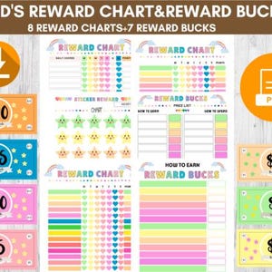 May include: Printable reward chart and reward bucks for kids. The set includes 8 colorful reward charts with different themes and 7 printable reward bucks in various denominations. The charts feature stars, hearts, and rainbows. The reward bucks are in denominations of $1, $2, $3, $5, $10, $15, and $20.