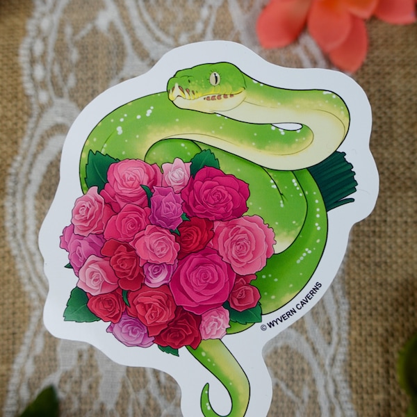 Green Tree Python w/ Bouquet of Roses Sticker/Print