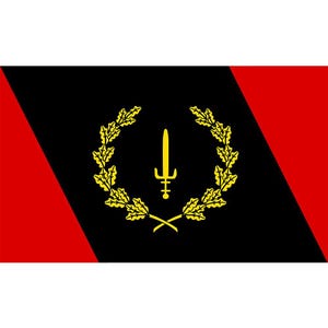 Puede incluir: Una bandera con un campo negro, una franja diagonal roja y un emblema central. El emblema presenta una espada amarilla y una corona de laurel amarilla.