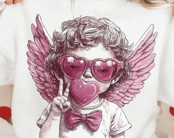 Retro Cupid Valentines Day Blowing Bubble PNG, Retro Cupid Png, Valentines Day Png, Cupid With Sunglasses Png, Retro Valentines Day Png