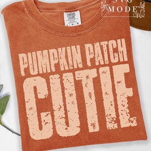 Könnte beinhalten: Ein orangefarbenes T-Shirt mit dem Aufdruck "PUMPKIN PATCH CUTIE" in einer verblassten, hellorangen Schriftart. Das Shirt ist gefaltet und hat ein Etikett mit der Aufschrift "COMFORT COLORS". Im Hintergrund ist ein brauner Hut zu sehen.