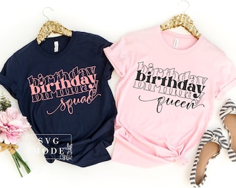 Może przedstawiać: Dwie koszulki, jedna granatowa, a druga różowa, z nadrukiem "birthday birthday squad" i "birthday birthday queen".