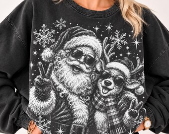 クリスマスクルーPNG、面白いサンタとトナカイPNG、クールなサンタサングラスハーフトーン昇華デジタルファイル