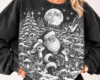 サンタとトナカイのクリスマスPNG、ビンテージサンタの冬のシーン、ハーフトーンクリスマス昇華デジタルファイル