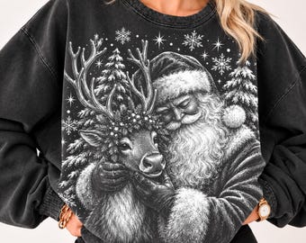 サンタとトナカイのクリスマスPNG、ビンテージサンタクロースとトナカイ、ハーフトーンクリスマス昇華デジタルファイル