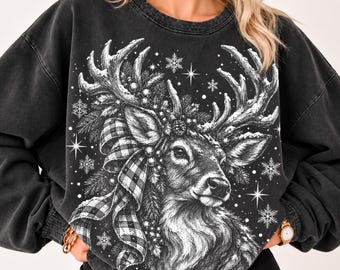 クリスマスのトナカイPNG、チェック柄のリボンが付いたビンテージのトナカイ、ハーフトーンのクリスマス昇華デジタルファイル