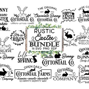 May include: A collection of 16 black and white Easter bunny themed SVG and PNG files. The designs include phrases like "Bunny Kisses Easter Wishes", "He is Risen", "We Believe in the Easter Bunny", "Happy Easter", "Chocolate Bunny Cottontail Co.", "Peter Cottontail", "Rustic Easter Bundle", "Hello Spring", "Open Daily Cottontail Farms", "Cottontail Company", and "Bunny Crossing".