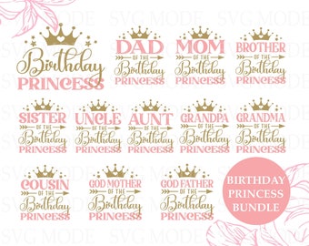 Lot anniversaire princesse Svg, maman de la princesse, papa de la princesse, chemises de fête d'anniversaire, t-shirts d'anniversaire assortis