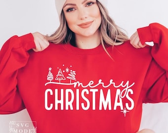 May include: Red sweatshirt with a white graphic design that says "merry christmas" with a stylized Christmas tree design.