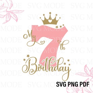 May include: Pink and gold graphic design for a 7th birthday. The number 7 is pink and the words "My 7th Birthday" are in gold script with stars and a crown.