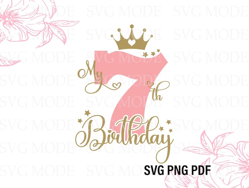 May include: Pink and gold graphic design for a 7th birthday. The number 7 is pink and the words "My 7th Birthday" are in gold script with stars and a crown.