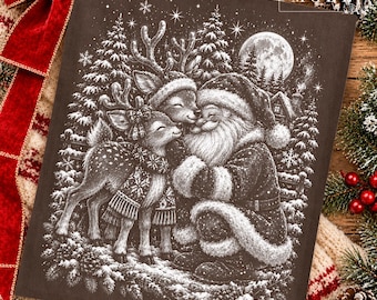 Santa and Reindeer Christmas PNG, Cute Santa Reindeer Winter Scene, Halftone Christmas Sublimation Digital File