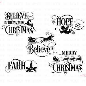 Puede incluir: Una colecci&oacute;n de dise&ntilde;os SVG en blanco y negro con tem&aacute;tica navide&ntilde;a. Los dise&ntilde;os incluyen frases como "Cree en la magia de la Navidad", "Esperanza", "Cree", "Feliz Navidad" y "Fe". Cada dise&ntilde;o presenta elementos decorativos como renos, copos de nieve, &aacute;ngeles y el trineo de Pap&aacute; Noel.