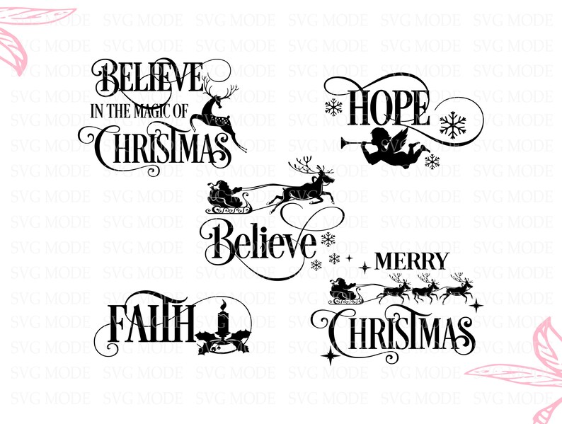 Puede incluir: Una colecci&oacute;n de dise&ntilde;os SVG en blanco y negro con tem&aacute;tica navide&ntilde;a. Los dise&ntilde;os incluyen frases como "Cree en la magia de la Navidad", "Esperanza", "Cree", "Feliz Navidad" y "Fe". Cada dise&ntilde;o presenta elementos decorativos como renos, copos de nieve, &aacute;ngeles y el trineo de Pap&aacute; Noel.