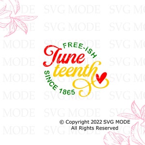Pu&ograve; includere: Un design grafico rosso, giallo e verde con il testo "Juneteenth" e "Free-ish" in un cerchio con il testo "Since 1865" sotto. Il design grafico include un piccolo cuore rosso.
