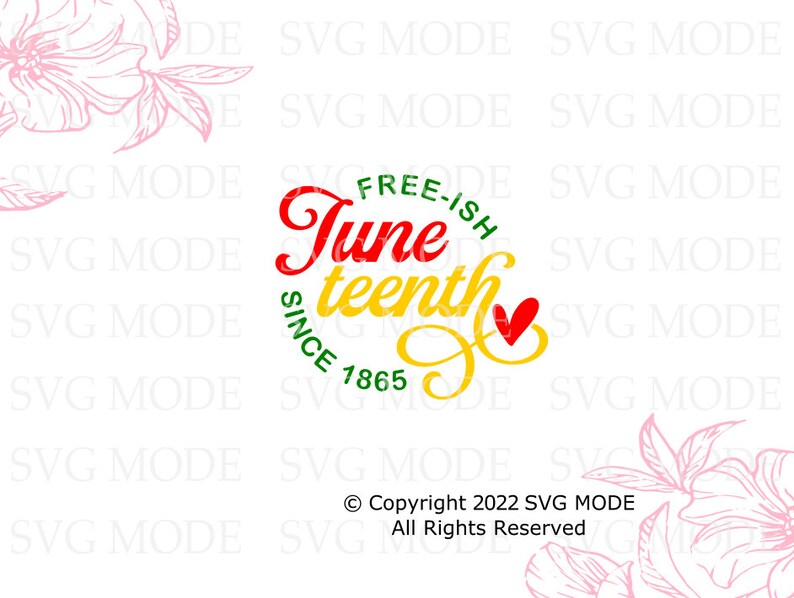 Pu&ograve; includere: Un design grafico rosso, giallo e verde con il testo "Juneteenth" e "Free-ish" in un cerchio con il testo "Since 1865" sotto. Il design grafico include un piccolo cuore rosso.