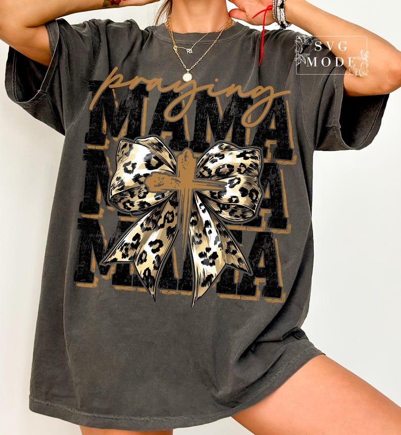 Faith-inspired MAMA digital PNG featuring bold varsity lettering, leopard print bow, and a central cross, perfect for religious mom shirts.