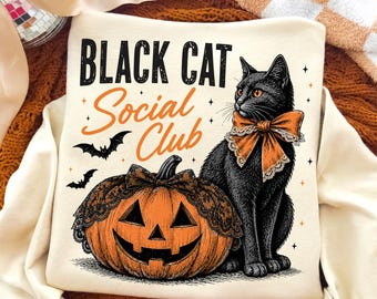 ブラックキャットソーシャルクラブ ハロウィン PNG: レトロな不気味な季節 (デジタルダウンロード)