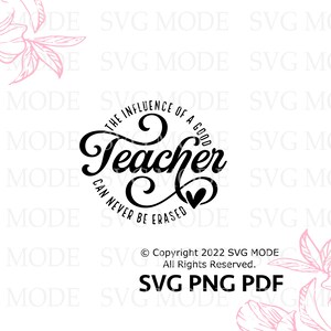 May include: Black and white graphic design with a cursive font that reads "The influence of a good teacher can never be erased". The text is in a circle with a heart at the bottom.