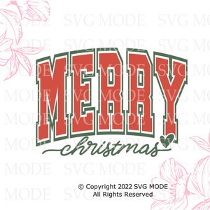 May include: A graphic design with the words "MERRY" in large, red, block letters with a green outline, and "christmas" in a cursive font. A small green heart is next to the word "christmas". The design is on a white background with pink floral accents.