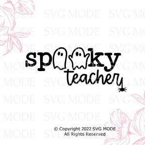 May include: Black and white graphic design with the text "spooky teachery" and two ghosts. There is a small black spider below the text.