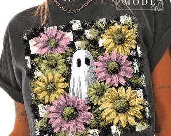 Boho Halloween Ghost PNG: Checkered Floral Fall Design (Digital Download)