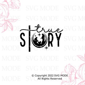 May include: Black and white graphic design with the text "true story" and a star. The graphic features a circle with a nativity scene inside.