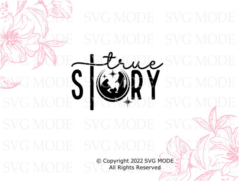 May include: Black and white graphic design with the text "true story" and a star. The graphic features a circle with a nativity scene inside.