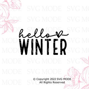 May include: Black and white graphic design with the text "hello winter" with a small heart in the word "hello". The design is surrounded by pink floral illustrations.