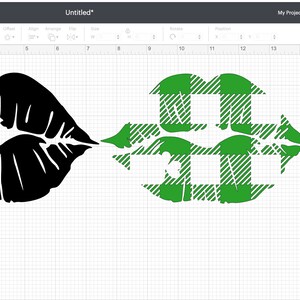 May include: A black and white silhouette of a pair of lips with a shamrock inside. Next to it is a green plaid pattern of the same lips.