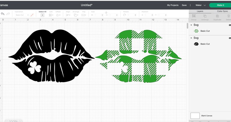 May include: A black and white silhouette of a pair of lips with a shamrock inside. Next to it is a green plaid pattern of the same lips.