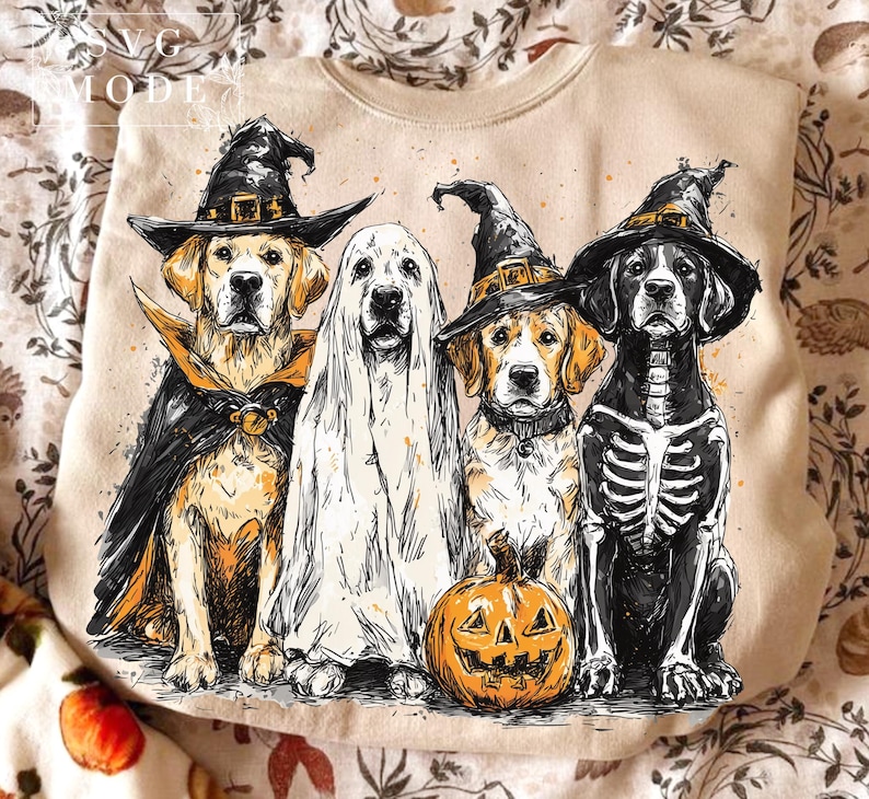 Hand drawn illustration of four dogs dressed in Halloween costumes including witch hats, ghost sheet, skeleton suit, and a pumpkin prop. This PNG clipart has a transparent background and is ideal for spooky fall crafts, pet-themed sublimation, stickers, apparel, decor, and digital design projects. Perfect for Cricut, printable use, and Halloween lovers.