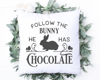 Sigue al conejito que tiene chocolate SVG PNG PDF, Pascua Granja Svg, Pascua Rústica Svg, Feliz Pascua Svg, Hola Primavera Svg, Conejito de Pascua Svg
