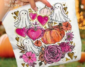 ピンクのハロウィンゴーストPNG：ガーリーな花柄カボチャデザイン（デジタルダウンロード）