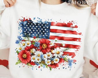 American Flag Floral PNG, Patriotic Wildflower USA Sublimation Design, Boho 4th Of July Shirt Graphic, Poppy And Daisy Flag PNG