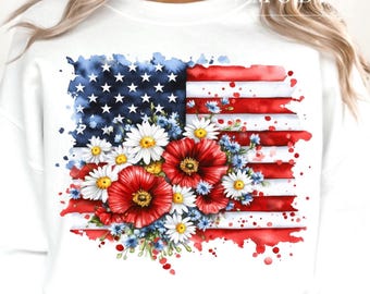 American Flag Floral PNG, Patriotic Wildflower USA Sublimation Design, Boho 4th Of July Shirt Graphic, Poppy And Daisy Flag PNG