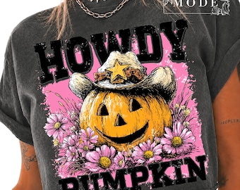 Howdy Pumpkin Halloween PNG, Western Cowboy Jack-o'-Lantern with Pink Flowers, Fall Cowgirl Sublimation Design Popular Now, Halloween Png