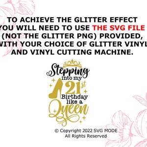 Pode incluir: Um design digital com o texto "Stepping into my 21st Birthday like a Queen". O design inclui um salto alto dourado, uma coroa e estrelas. O texto acima indica que o arquivo &eacute; um SVG e requer vinil com glitter e uma m&aacute;quina de corte.