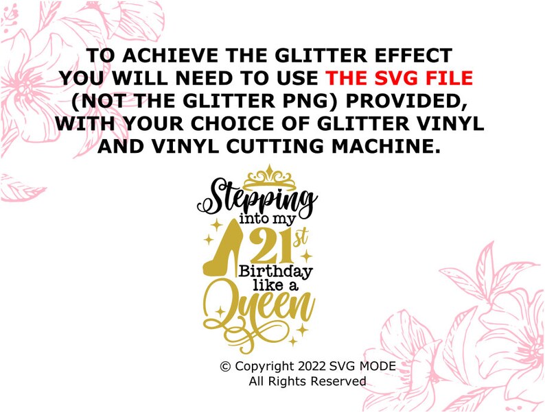 Pode incluir: Um design digital com o texto "Stepping into my 21st Birthday like a Queen". O design inclui um salto alto dourado, uma coroa e estrelas. O texto acima indica que o arquivo &eacute; um SVG e requer vinil com glitter e uma m&aacute;quina de corte.