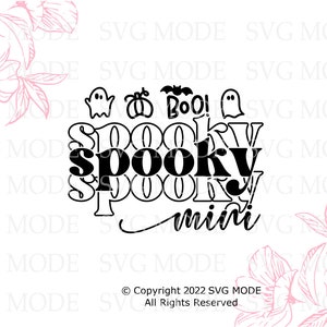 Puede incluir: Dise&ntilde;o gr&aacute;fico en blanco y negro con el texto "Spooky mini" e im&aacute;genes de fantasmas y murci&eacute;lagos. El texto "Boo!" tambi&eacute;n est&aacute; incluido en el dise&ntilde;o.