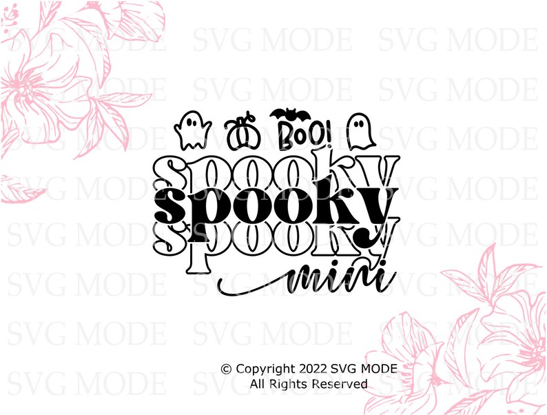 Puede incluir: Dise&ntilde;o gr&aacute;fico en blanco y negro con el texto "Spooky mini" e im&aacute;genes de fantasmas y murci&eacute;lagos. El texto "Boo!" tambi&eacute;n est&aacute; incluido en el dise&ntilde;o.