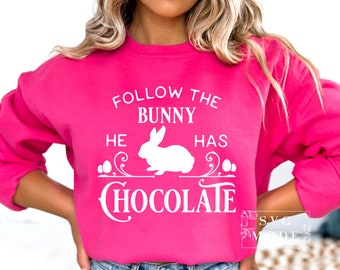 Sigue al conejito que tiene chocolate SVG PNG PDF, Pascua Granja Svg, Pascua Rústica Svg, Feliz Pascua Svg, Hola Primavera Svg, Conejito de Pascua Svg