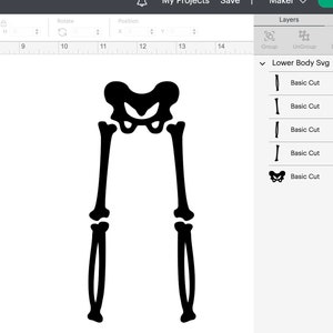 May include: Black and white silhouette of a lower human body, including the hips and legs, with a skeletal design.