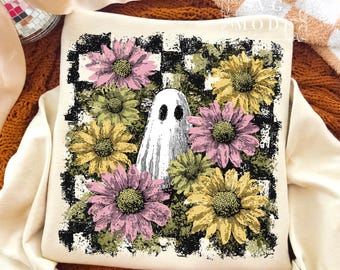Boho Halloween Ghost PNG: Jesienny wzór w kratkę z motywem kwiatowym (pobranie cyfrowe)