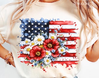 Amerykańska flaga kwiatowa PNG, patriotyczny wzór sublimacji z dzikimi kwiatami w USA, grafika na koszulce boho z okazji 4 lipca, flaga z makami i stokrotkami PNG