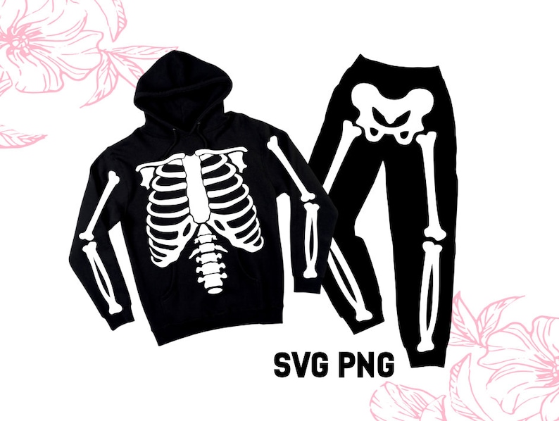 May include: Black hoodie and trousers with a white skeleton design. The hoodie has a drawstring hood and the trousers have a relaxed fit.