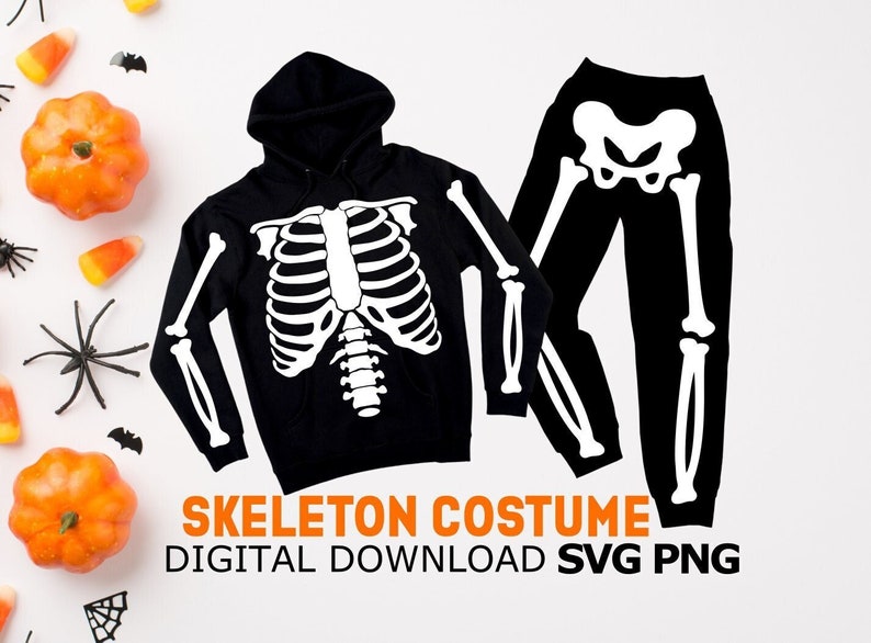 May include: A black hoodie with a white skeleton design on the front and a pair of black trousers with a white skeleton design on the legs. The text "SKELETON COSTUME DIGITAL DOWNLOAD SVG PNG" is at the bottom of the image.