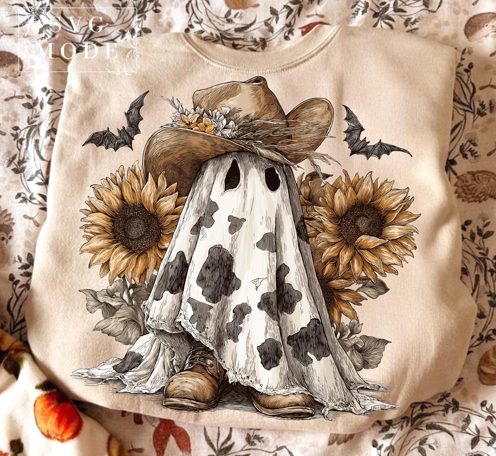Boo Haw Ghost PNG, Cow Print Ghost With Cowboy Hat and Sunflowers ...