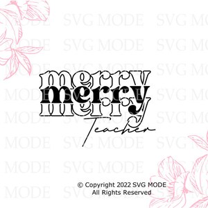 May include: Black and white graphic design with the text "merry" and "merry teacher" in a stylized font. The design is surrounded by pink floral elements.